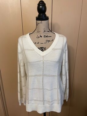 Worthington Cream V-Neck Openwork Knit Sweater